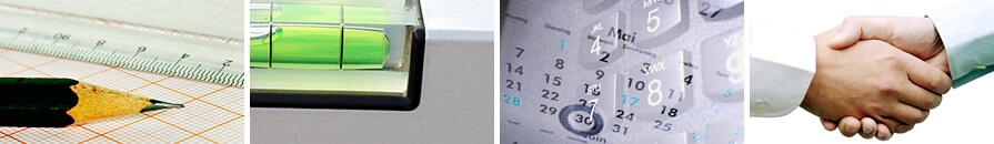 Banner Bleistift und Lineal - Wasserwaage - Kalender - Händeschütteln